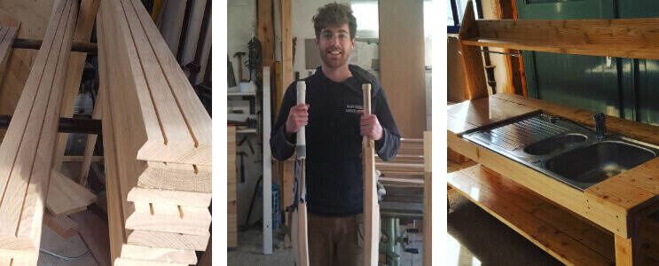 Jack with his handmade cricket bats together with architrave and the mud kitchen he helped to build